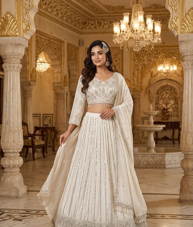 Rajshri Fashions ivory Floral crop top Lehenga - Rajshri Fashions Sowcarpet Chennai